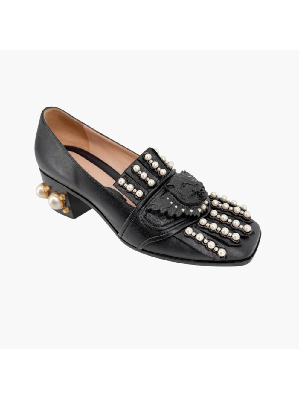 Gucci Lion Head Pearl Fringe Block Heel Loafer Pumps Black Leather Size 37 US 7 - Picture 9 of 15